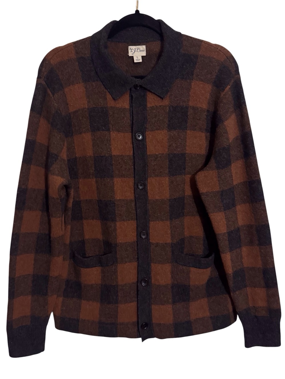 J. Crew Men’s Large Brown Gray Check Merino Wool Polo Cardigan Sweater Preppy